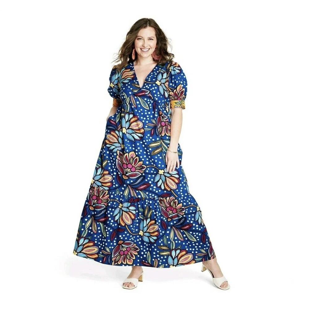 Tabitha Brown Target Size 0 Dress Maxi Mixed Floral Polka Dot Print Puff Sleeve